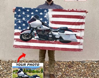 Motorcycle Personalized American House Flag, Custom Unique Gift For Biker, Custom Motorbike Photo Garage Wall Decor (white,blue,red)