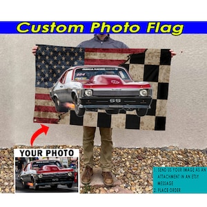 Ziehen Sie das Rennen personalisierte Foto-karierte Flagge, benutzerdefinierte Rennflagge, kundenspezifisches Auto, Muskel-Auto, Hot Rod Racing, Stock Car Rennflagge (gemischt)