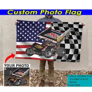May include: A custom photo flag featuring a race car with the number 41 on it. The flag is split in half, with the American flag on the left and a checkered flag on the right. The race car is in the center of the flag, and the image is a template for a custom photo flag.