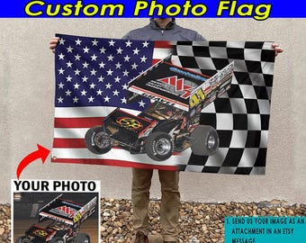 Sprint Car Racing Personalized Photo Checkered Flag, Custom Non-wing Wingless Sprint Car Racing Flag, Unique Sprint Car Racer Gifts (BK505)