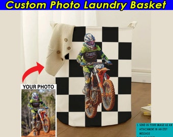 Motocross Personalized Photo Laundry Basket, Dirt Bike Lovers, MX Riders, Motorcycle Racing, Superbike Supermoto Dragbike Racing (Checkered)