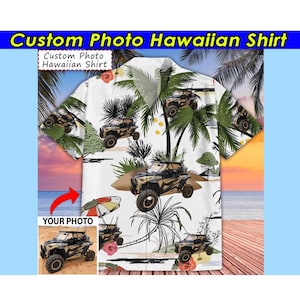 May include: White Hawaiian shirt with a custom photo design. The shirt features a repeating pattern of off-road vehicles, palm trees, and tropical flowers. The text "Custom Photo Hawaiian Shirt" is displayed at the top.