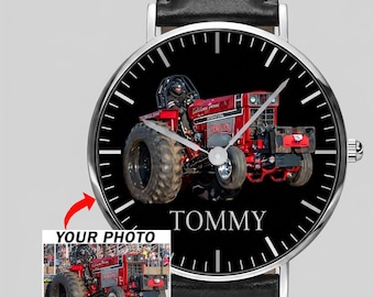 Tractor Pulling Tractor Power Pull Personalized Photo & Name Black Stitched Leather Watch, Custom Wrist Watch For Tractor Puller (Phonawa)