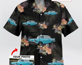 クラシックカーのパーソナライズ写真入りハワイアンシャツ、車好きのためのユニークなギフト、カスタムヴィンテージカーアロハトロピカルシャツ（HAW6）