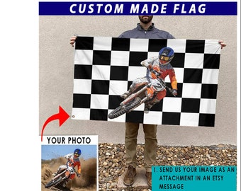 Bandiera a scacchi personalizzata per gare di motocross, moto da cross, regalo per gare di dragster, regali fantastici per motociclisti da cross, gare di quad ATV, bandiera 24x36