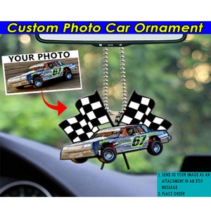 May include: Custom car ornament featuring a checkered flag design and a race car with a personalized photo.  Send your image as an attachment in an Etsy message and place your order.
