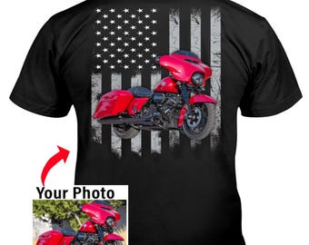 Cool American Biker Gift Motorcycle Personalized T-shirt, Custom USA Flag Motorcycle Tee (On the Back) (BK05)