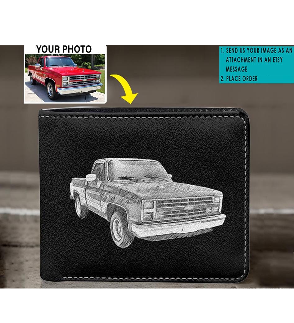 Classic Pickup Truck Personalized Photo Printed Leather Bifold Wallet, Square Body, Monster Lifted Truck, Chevy Truck, Light Truck (Sketc)