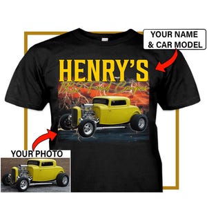Hot Rod gepersonaliseerde foto, naam en automodel T-shirt, unieke autocadeaus, cadeaus coole hot rod-eigenaren, T-shirt klassieke vintage auto (BK458)