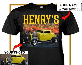 Hot Rod Personalized Photo, Name & Car model T-shirt, Unique Car Guys Gifts, Cool Hot Rod Owners Gifts, Classic Vintage Car Tshirt (BK458)