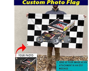 Sprint Car Racing Personalized Photo Dirt Track Racing Checkered Flag, Dirt Late Models, Midget Car, Go Karting, Racing Flag 24X36