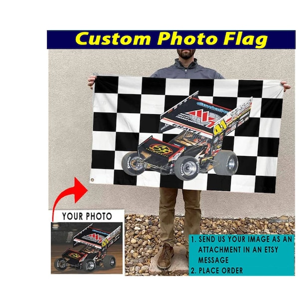 Personalized Photo Dirt Track Racing Checkered Flag, Sprint Car Racing, Dirt Late Models, Midget Car, Go karting, Racing Flag 24X36