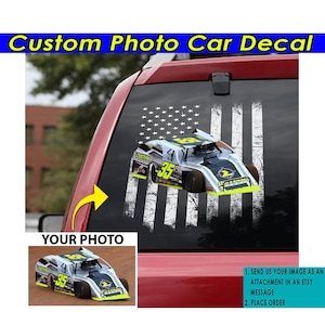 May include: Custom car decal featuring a white, black, and yellow race car with the number 35 on the side, set against a distressed American flag background. The decal is shown on a red car window.  Send your image to customize the decal.