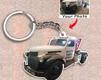 レッカー車キーホルダー レッカー車 パーソナライズ写真キーホルダー トラック運転手の彼氏、トラック運転手のお父さん、トラック運転手の夫へのギフト、カスタムトラックキーホルダー