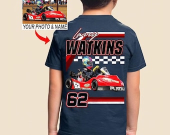 Camiseta infantil personalizada con foto y nombre para carreras de karts en tierra, regalo para pilotos de karts y equipos juveniles de carreras de karts (en la parte trasera) (BK395)