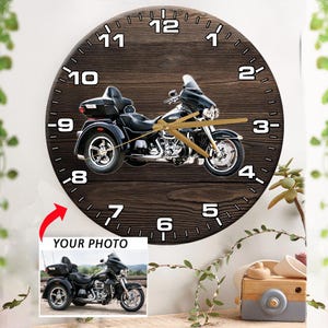 Cool cadeau voor trikers Trike-motorfiets gepersonaliseerde foto houten wandklok, cadeaus voor trike-rijders, 3-wielige motorfiets, omgekeerde trike