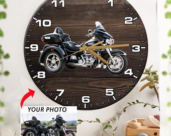 Cool Gift For Trikers Trike Motorcycle Personalized Photo Wooden Wall Clock, Gifts For Trike Riders, 3 Wheel Motorcycle, Reverse Trike