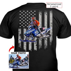 Motor Sled Snowmobile Personalized Photo T-shirts, Custom Snow Scooter, Snowboarding, Snowmobiling Gifts, Snowmachine (On the Back) (BK5)