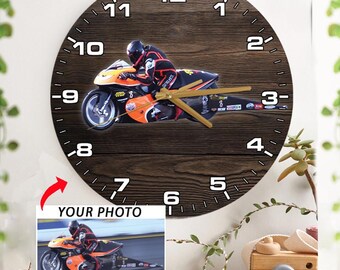 Drag Bike Motorcycle Drag Racing Personalized Photo Wooden Wall Clock, Cool Gift For Motorbike Drag Racers, Custom Drag Bike Racing Decor