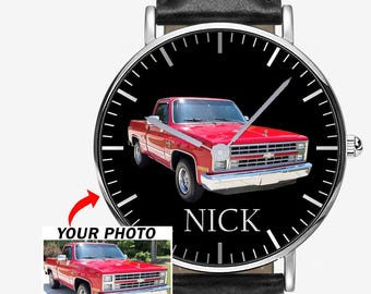 Classic Pickup Truck Square Body Personalized Photo & Name Black Stitched Leather Watch, Custom Vintage Pickup Truck Wrist Watch (Phonawa)