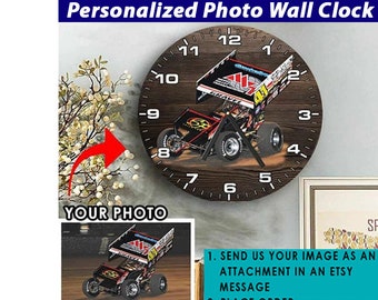 Cadeaux de course de voitures Sprint Horloge murale en bois personnalisée, cadeaux pour les coureurs, cadeau de course sur piste de saleté, cadeaux de course de dragsters, voitures de stock modifiées