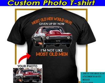 Drag Racing Racer Grandpa Gift Personalized Photo T-shirt, Muscle Car, Hot Rod Racing, Drifting (On the back) (Race7-v2)