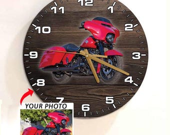 Custom Motorcycle Gifts For Bikers Personalized Photo Wooden Wall Clock, Best Gift For Motorcycle Lovers, Custom Motorbike Garage Wall Decor