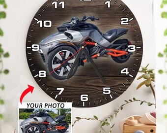 Orologio da parete in legno personalizzato con foto di moto Spyder, regali per gli appassionati di Spyder Ryder, amanti delle motociclette Reverse Trike, decorazioni per motociclette