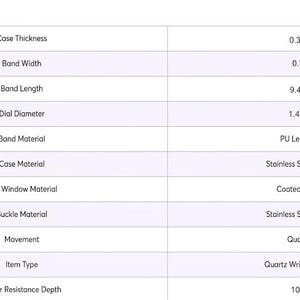May include: A product parameter chart for a quartz wristwatch. Specifications include a 0.35 inch case thickness, 0.7 inch band width, 9.45 inch band length, and 1.45 inch dial diameter. Materials are PU leather, stainless steel alloy, and coated glass.