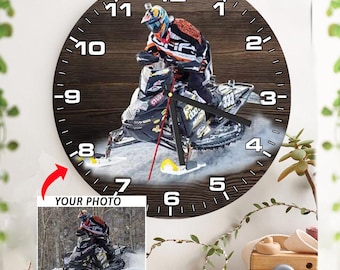 Reloj de pared de madera personalizado para motos de nieve, regalos para motos de nieve, regalo de trineo de nieve, decoración de esquí, decoración de motos de nieve