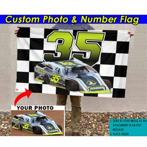 Personalisierte Dirt Track Racing Checkered Flagge, benutzerdefinierte Foto- & Zahlenflagge, Sprintautorennen, Dirt Late Model, Midget Car (kariert-BK311)