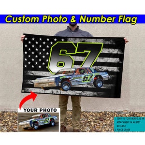 Late Model Dirt Track Racing Personalized Photo & Number American Flag, Custom Racing Flag, Midget Car, Go kart, Stock Car Race (AME-BK311)