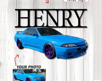 JDM Sports Car Personalized Photo and Name Cut Metal Sign, Unique Drifting Gifts, Custom JDM Car Garage Wall Decor (Phona2)