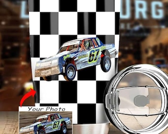 Street Stock Car Dirt Track Racing Personalized Photo Tumbler, Dirt Late Model, Modified Stock Cars, Gifts For Dirt Track Racers (Checkered)