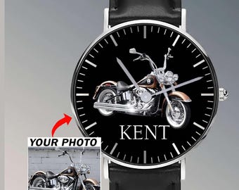Motorcycle Personalized Photo & Name Black Stitched Leather Watch, Unique Gift For Biker, Custom Motorcycle Wrist Watch For Him (Phonawa)