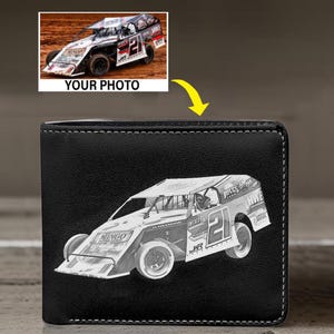 May include: Black bi-fold wallet featuring a grayscale image of a race car with the number 21. The wallet has a stitched border and a small image of the original photo. The words "YOUR PHOTO" are above the image.