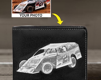 Dirt Modified Racing Car Personalized Photo Printed Leather Bifold Wallet, Custom Unique Dirt Track Racing Gift For Dirt Track Racer (Sketc)