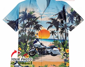 バイク用パーソナライズハワイアンシャツ、カスタムバイク写真入りアロハシャツ（バイカー向け）、バイク乗りへのユニークなギフト（HAW23）