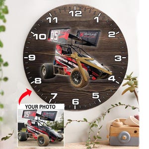 Sprint autoracecadeaus Gepersonaliseerde houten wandklok, unieke cadeaus voor sprintautoracers, aangepast sprintautodecor zonder vleugels