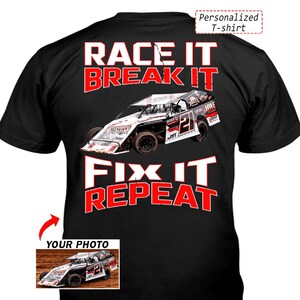 Funny Dirt Track Racing Car Personalized Photo T-shirt, Cool Gifts For Dirt Racers, Custom Modified Stock Car Racing (On the Back) (DIRT2)