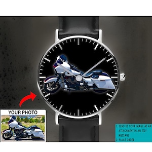Unique Gift for Biker Motorcycle Personalized Photo Black Stitched Leather Watch, Sport Bike, Custom Bike, Motorcycle Wrist Watch