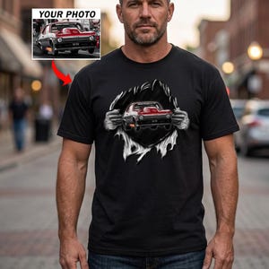 May include: Black t-shirt featuring a graphic of a red and gray race car bursting through a torn design. The image includes the text "YOUR PHOTO" in the upper left corner. The car has the number "55" on the side.