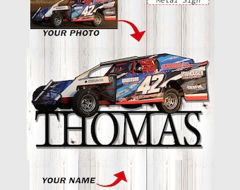 Late Model Street Stock Car Dirt Track Racing Personalized Photo and Name Cut Metal Sign, Unique Gift For Dirt Track Racers (Phona)