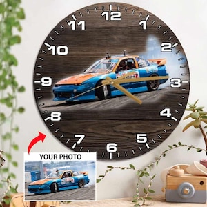 Reloj de pared de madera personalizado con foto de coche de drifting JDM. Regalos únicos para aficionados a los coches. Regalo personalizado para amantes de los coches deportivos de drifting.