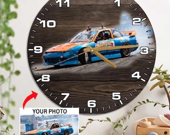 JDM Drifting Car Personalized Photo Wooden Wall Clock, Unique Gifts For Car Guys, Custom Gift For Sports Car Drift Car Lovers
