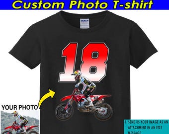 Dirt Bike Motocross Racing Gift For MX Riders Kids Personalized Photo & Number T-shirt, ATV UTV Quad Racing, Supercross (BK311)