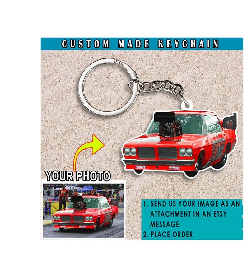 May include: Custom made keychain featuring a red car with a large engine. The keychain is made from a clear acrylic material and has a silver metal ring and chain. The image shows a red car with a large engine and the text "MOTHERS" on the side. The text "SEND US YOUR IMAGE AS AN ATTACHMENT IN AN ETSY MESSAGE PLACE ORDER" is also visible.