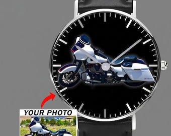 Unique Gift For Biker Motorcycle Personalized Photo Black Stitched Leather Watch, Custom Motorcycle Wrist Watch Gift For Him