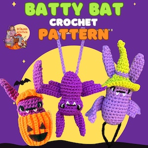 以下が含まれることがあります： @trisarastitchesによるBATTY BAT CROCHET PATTERNというタイトルの編み図。手作りの毛糸のコウモリが3匹描かれています。1匹はオレンジ色のカボチャに入り、1匹は紫色の紐で吊るされ、もう1匹はライムグリーンの魔女の帽子をかぶっています。難易度は中級と記載されています。