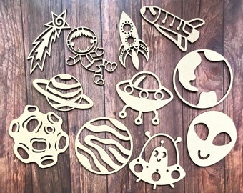 Space Craft Shapes: Wooden Planets, Astronaut, Alien Embellishments